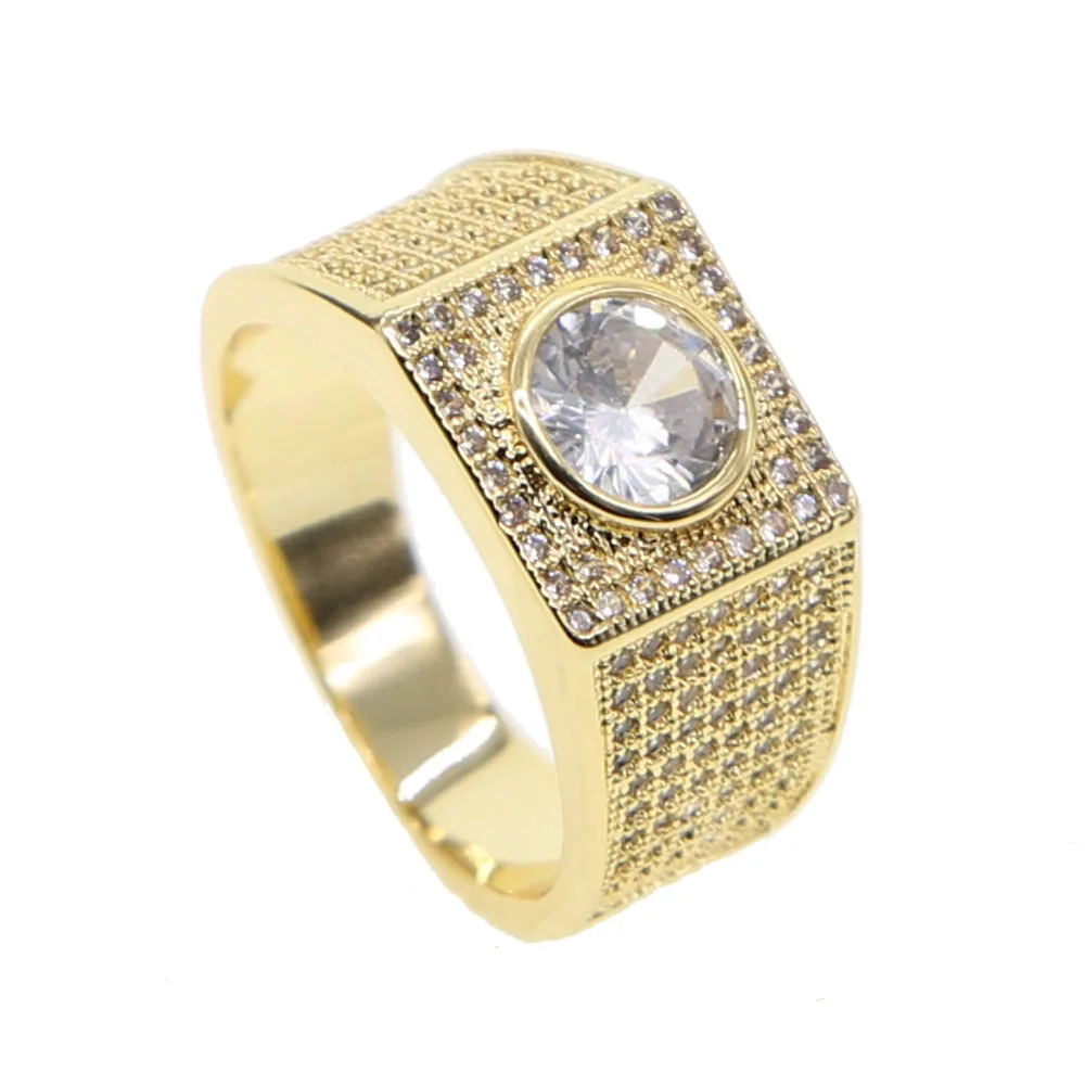 Promotion gold plated square round shape men ring micro pave cz bling hip hop diamond jewelry