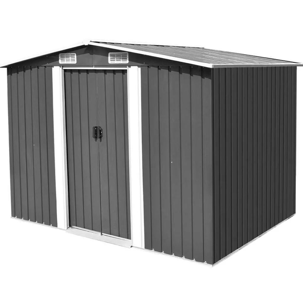8x10 FT Garden Shed Galvanized Steel Outdoor Tool Storage Shed Lockable Double Sliding Doors BM670