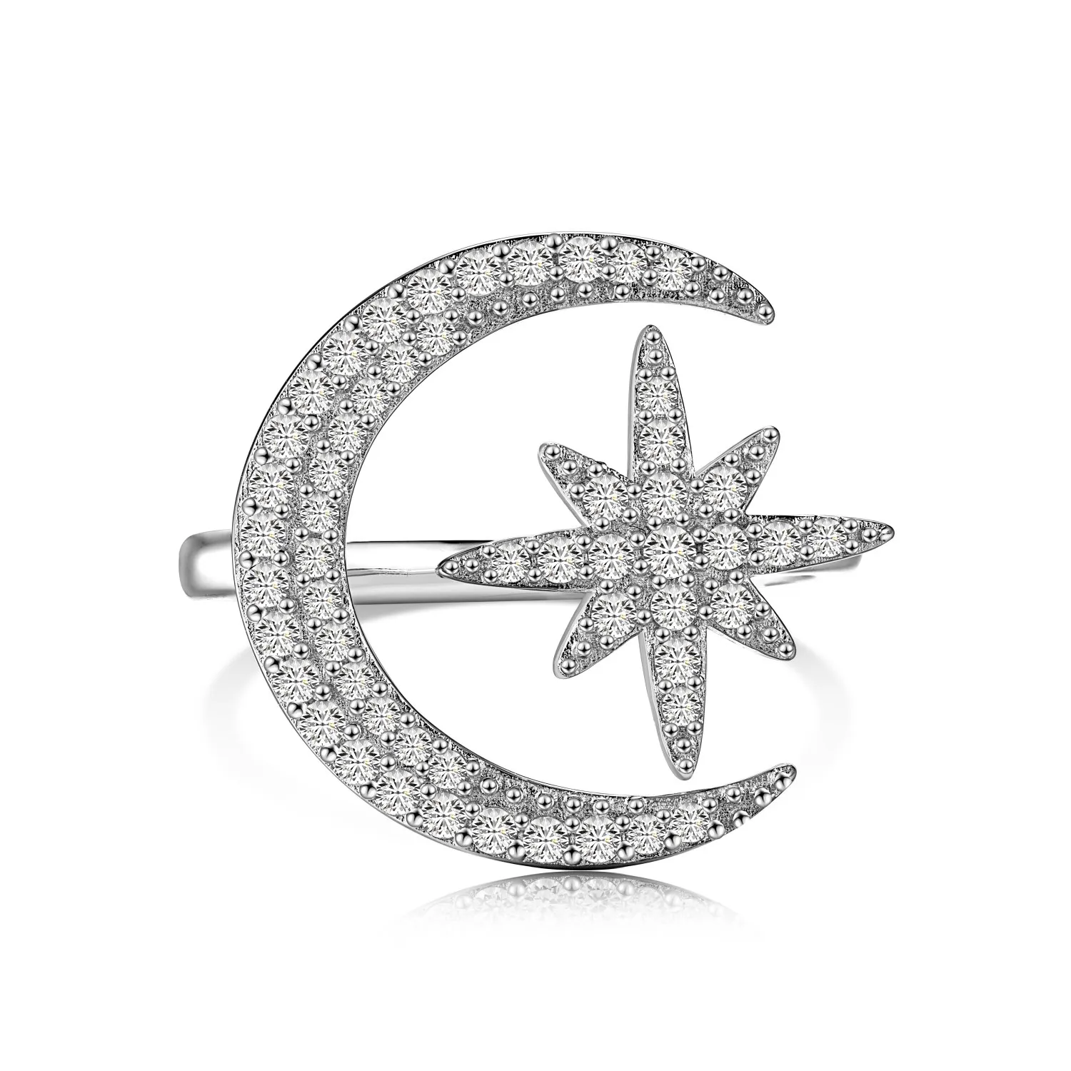 Dylam Trending Design Fashion Fine Jewelry Sterling Silver Gold Plated 5A Zirconia Universe Crescent Moon Star Octet Open Rings