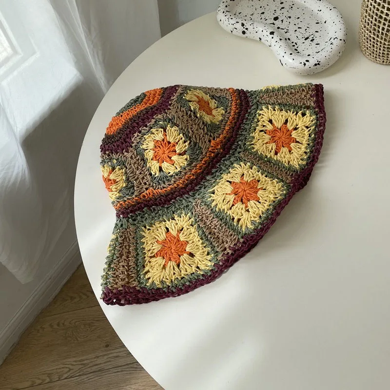 Handmade Panama Crochet Sun Flower Straw Beach Fascinator Cap Visor Bucket Hats