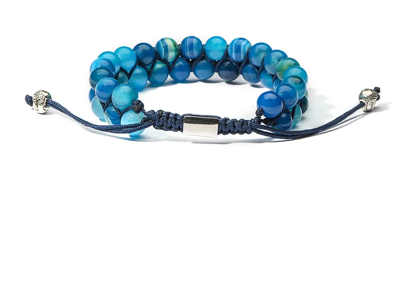 8 мм Синий Полосатый Агат двухрядный мужской браслет популярный женский тканый Регулируемый двухслойный браслет из бисера