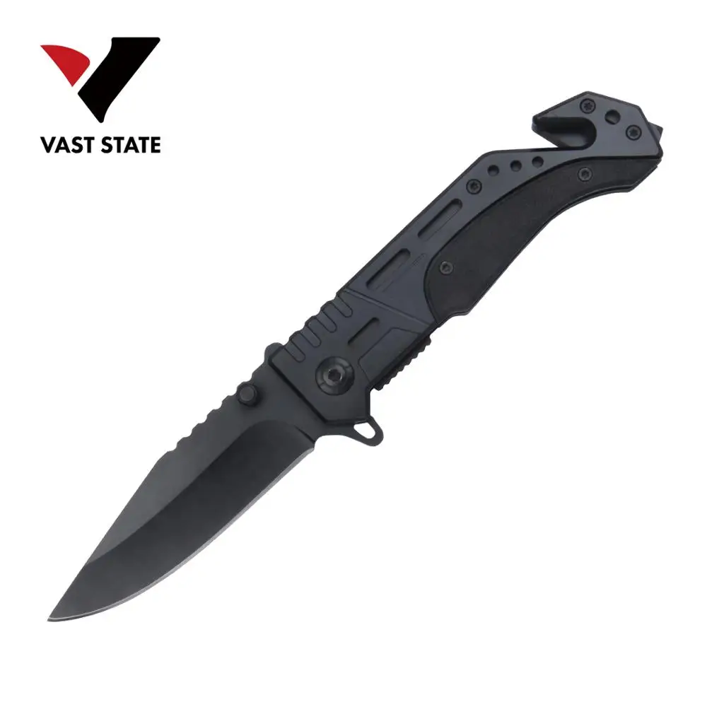 Black Rescue Tactical Folding Knife with Cutter and Glass Breaker