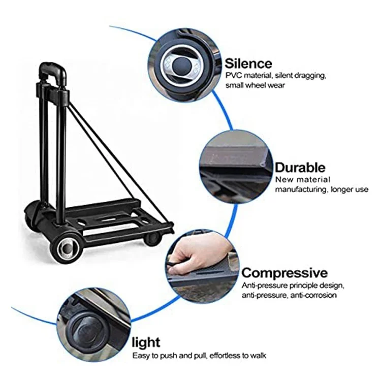 40kgs Two-wheel mini size  black plastic platform push handle trolley 88lbs Easy Storage dolly plastico mini foldable hand truck