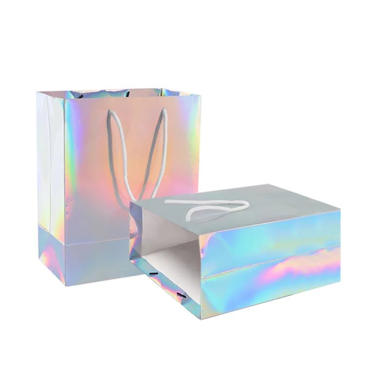 Fancy gradient holographic color cosmetic makeup clothing packaging bag skincare clothes t shirt shopping gift paper packing bag