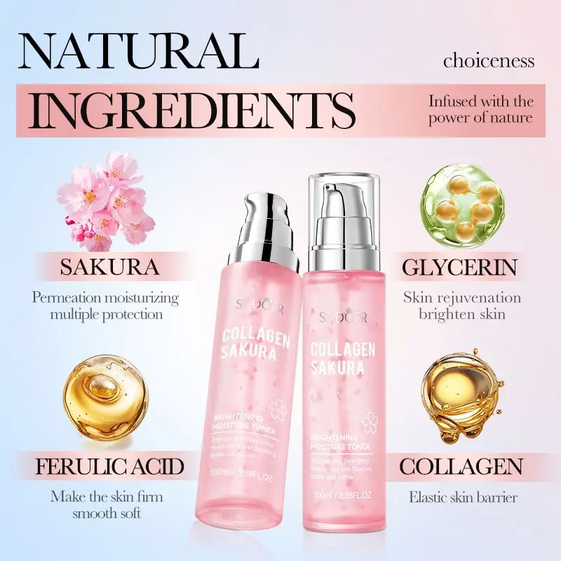OEM SADOER Private Label Collagen Sakura Brightening Moisture Toner Improving Dyness Hydrating Facial Skin Toner