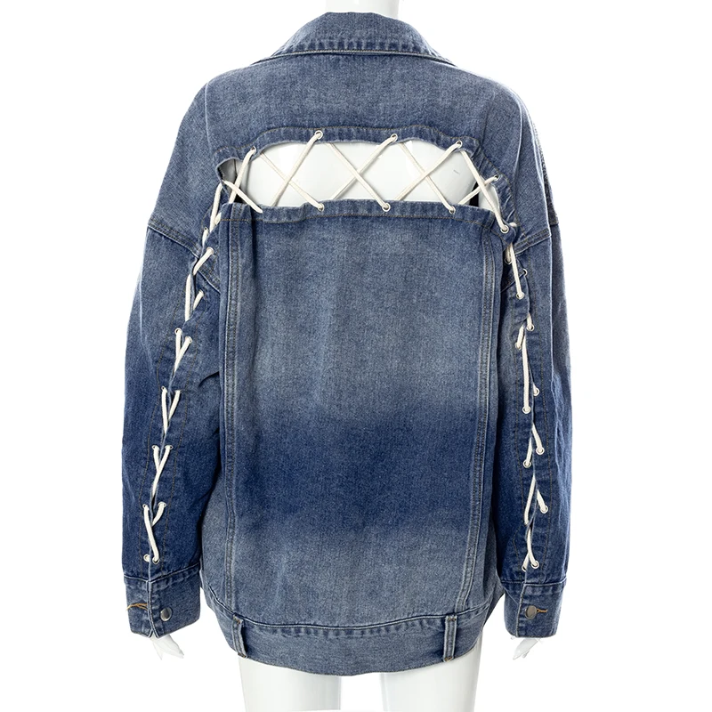 Fashion Autumn New Street Style Coat Loose Rope Tie Lapel Casual Jacket Denim Jacket for Women