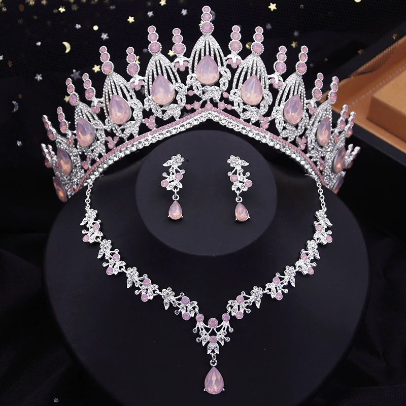 Romantic Blue Crown Wedding Bride Jewelry Sets Opal Necklace Earrings Tiara Sets