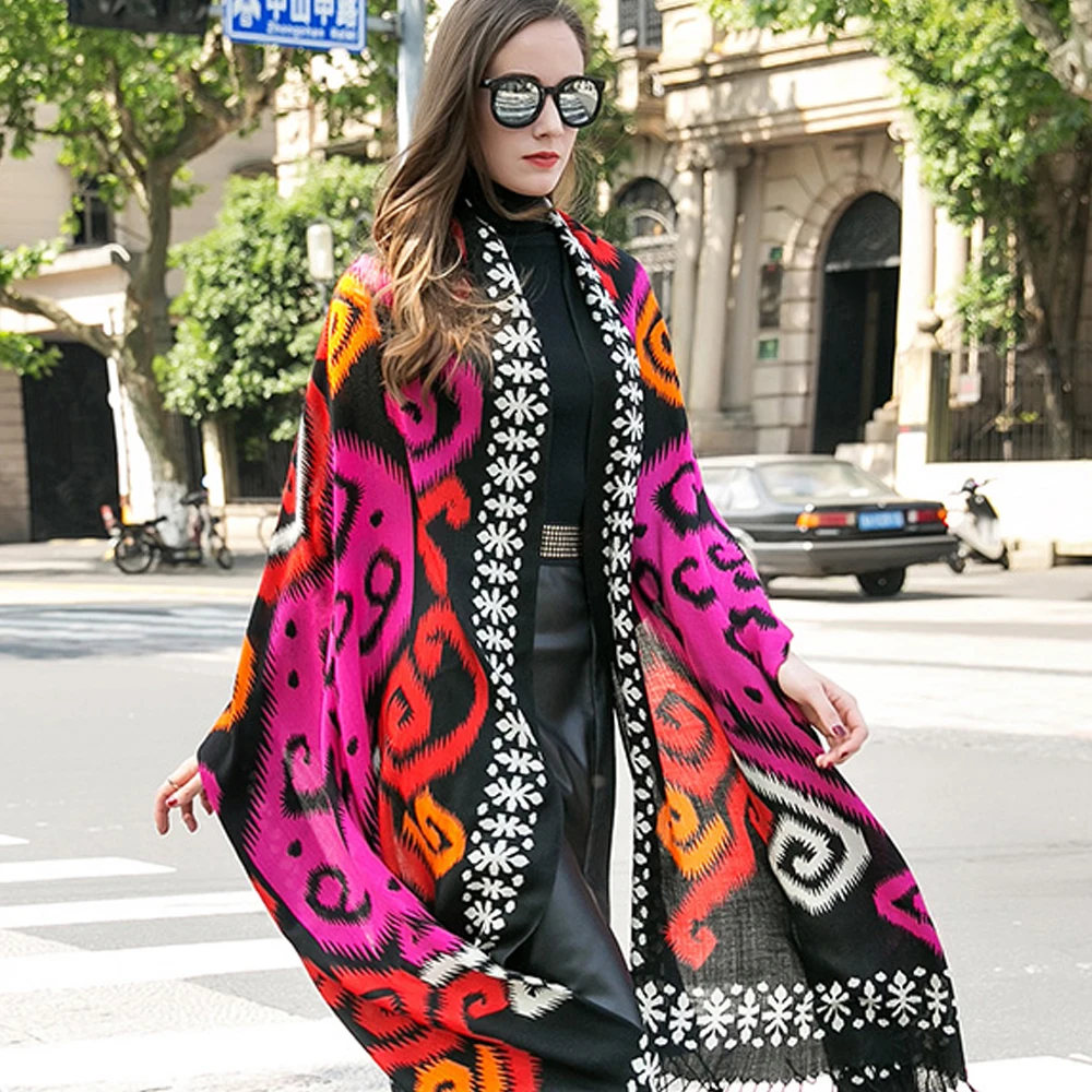 Manxiang Women Winter Handmade Cashmere Wool Plain Tassel Pashmina Scarf