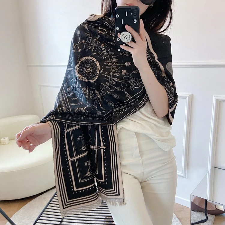 Latest Luxury Design Horse And Flower Pattern Winter Women Ladies Jacquard Pashmina Warm Thick Wraps Shawls And Scarves