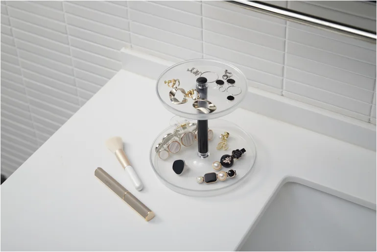 Wholesale Plastic Girls Bathroom Desktop Cosmetic Storage Double-layer Tray Round Shelf Jewelry Rack