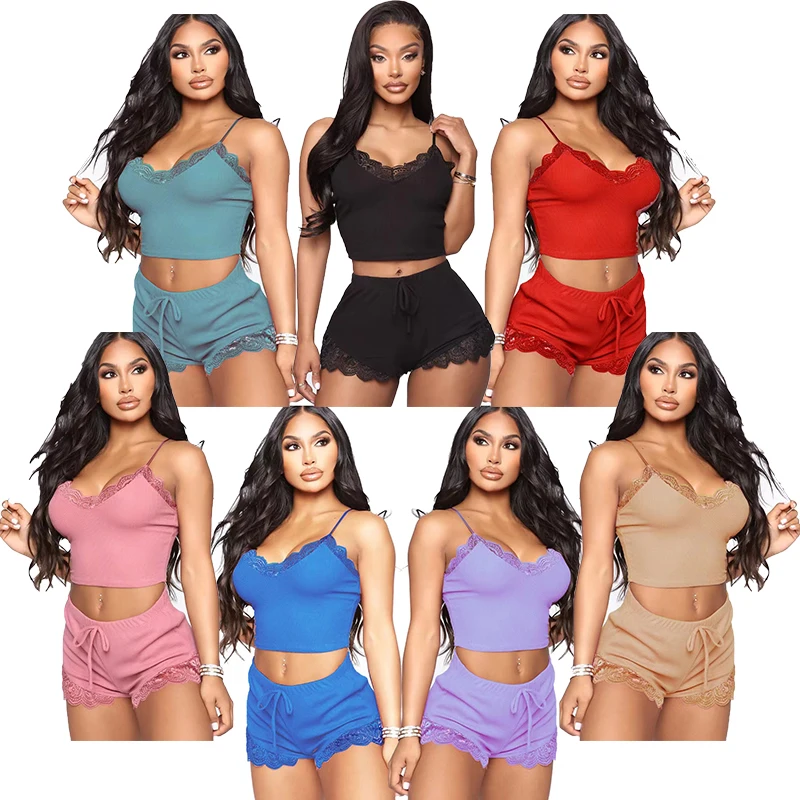 Качественная женская пикантная кружевная одежда для сна эластичные Простые ребристые шорты Комплект из двух предметов