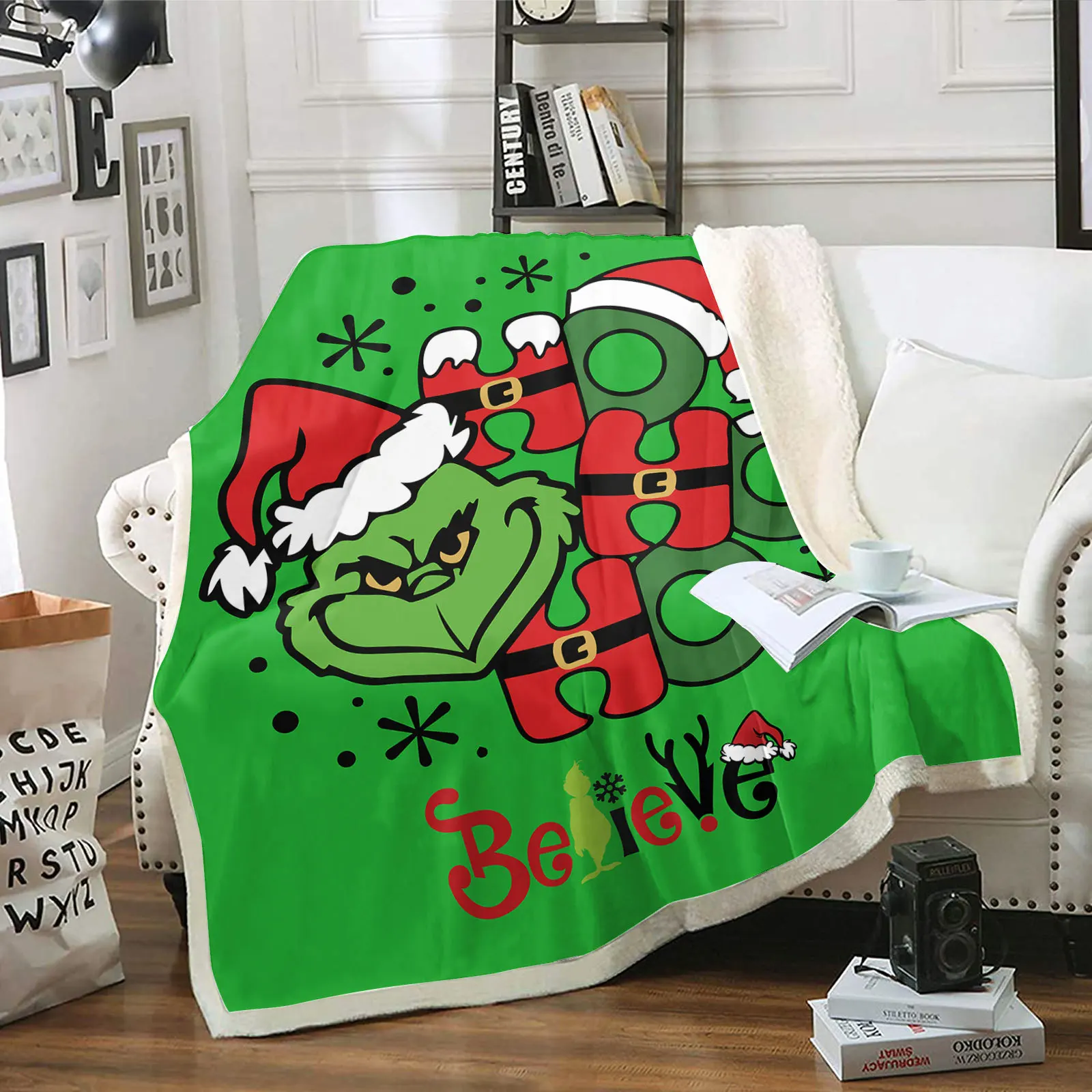 Custom printed soft warm thick baby lamb velvet green fur strange ruffled flannel fleece throw blanket