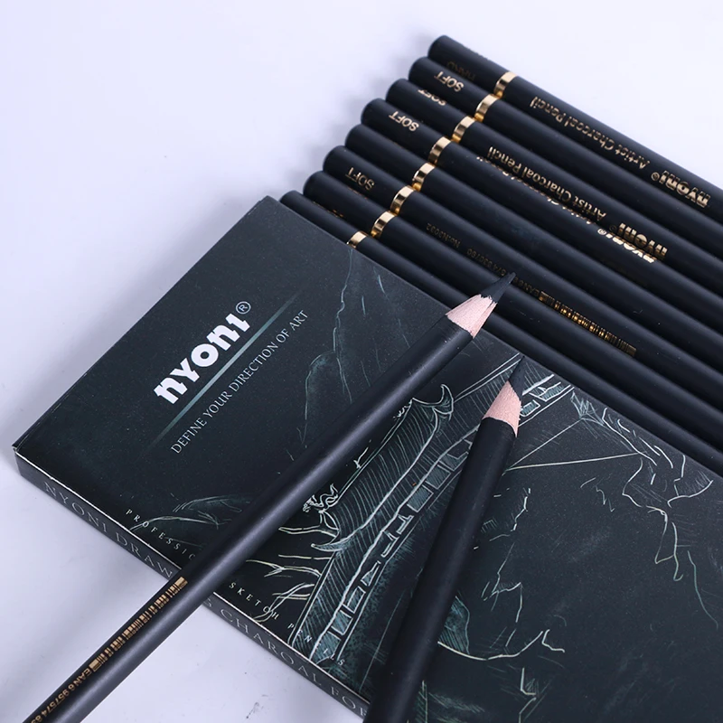 NYONI  Wood Drawing Charcoal Sketch Pencils Set for Sketch Hard Medium Soft Mixture Natural 10pcs Office & School Pencil