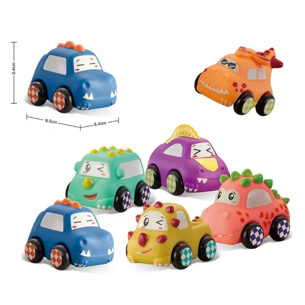6 pcs Early play and learning Toy Dinosaur Car Soft Plastic Silicone Coasting Trolley Racer Car