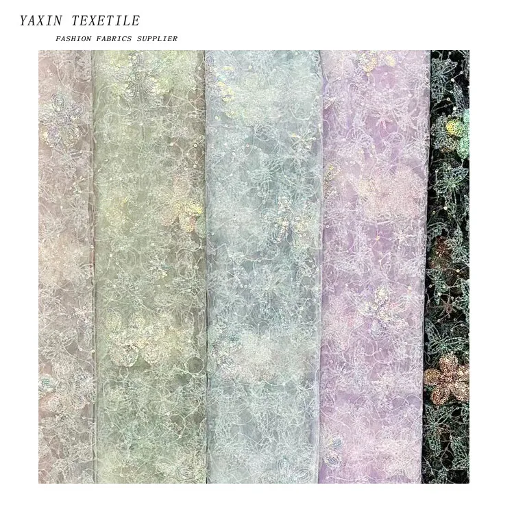 Wholesale Mesh Colourful Sequin Flower Pattern Embroidery Lace Tulle Fabric for Garment/Decoration