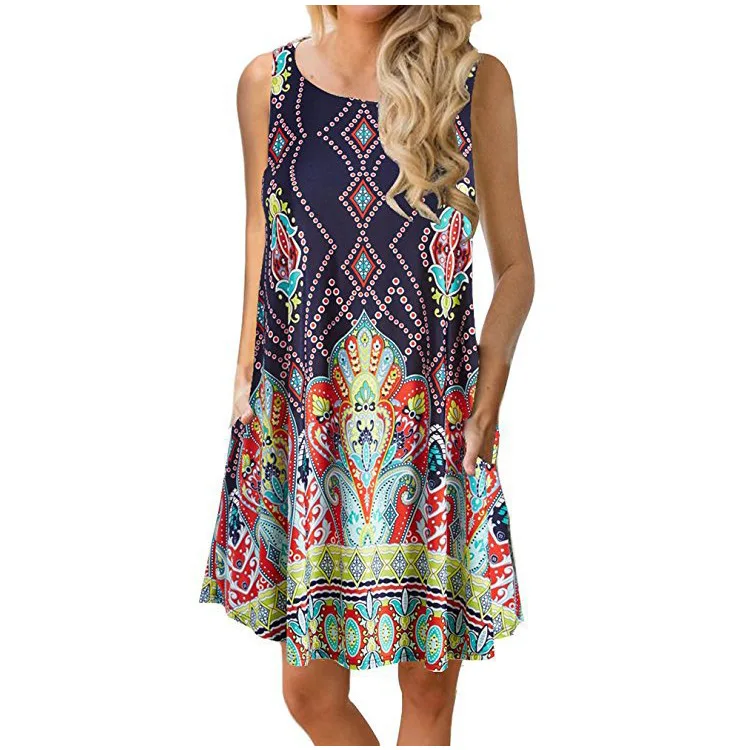 Europe and the United States sleeveless pockets bottoming shirt T shirt printed dress casual short-sleeved dresses