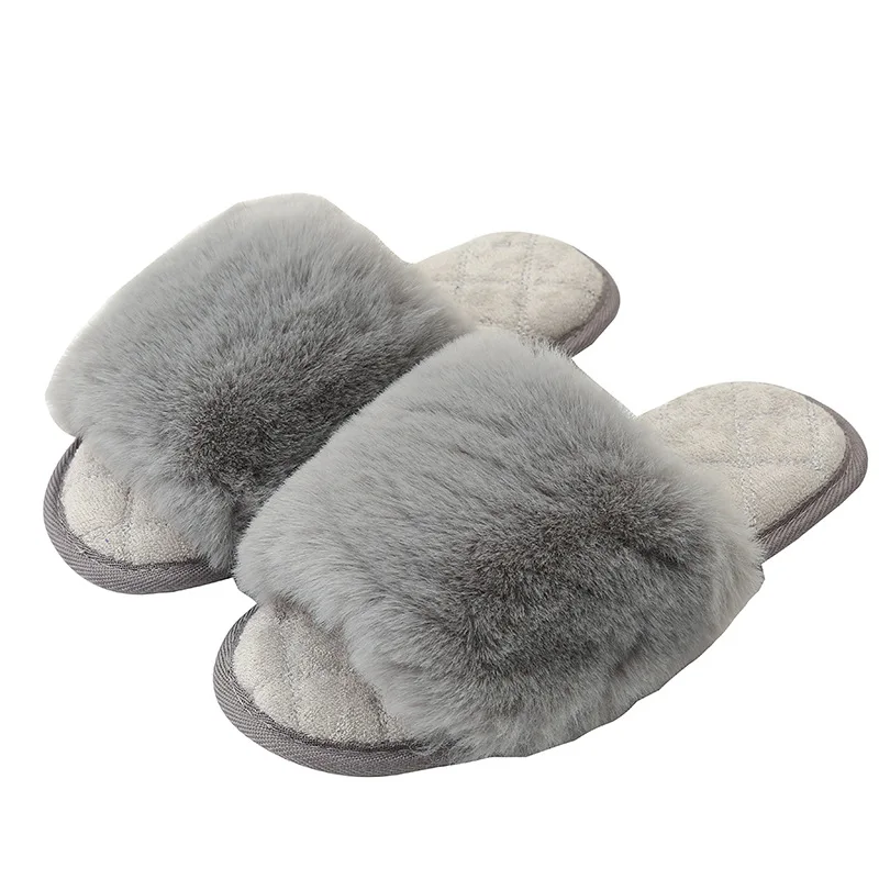
Winter Home Cozy Women rabbit Fur Slippers Furry Flat Slides Slip On Indoor Non Slip House Shoes Female Slipper Ladies 