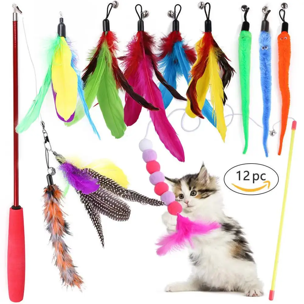 Cat luxury Feather Toy 12 pcs Retractable Cat Toys Interactive Cat Teaser Toy Set