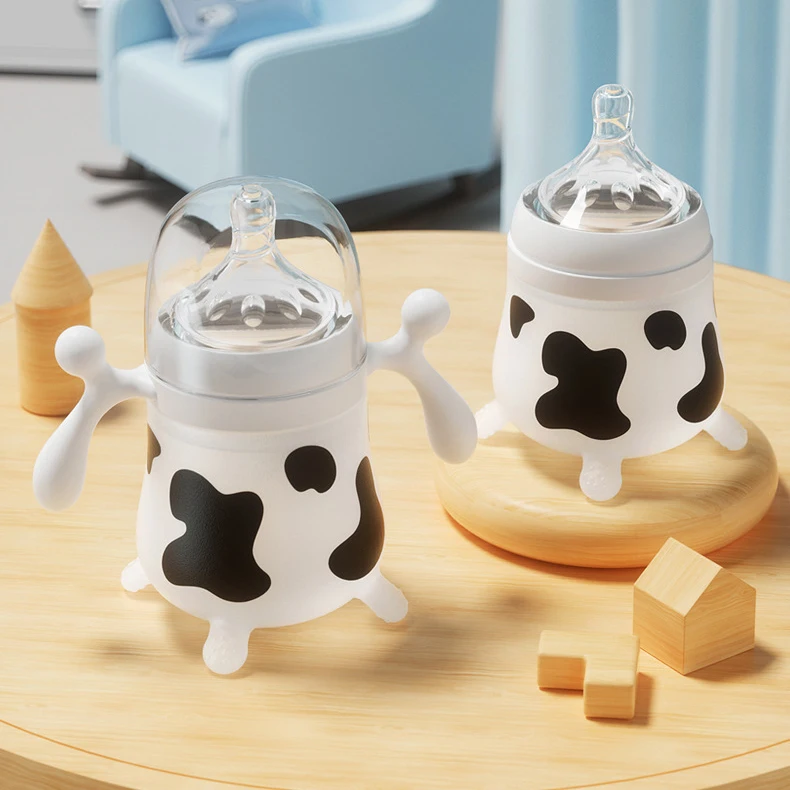 Hot Sales Recommend Baby Silicone Bottle Anti-Flatulence Baby Cartoon Cow Modeling Breast Milk Sense Baby Bottle