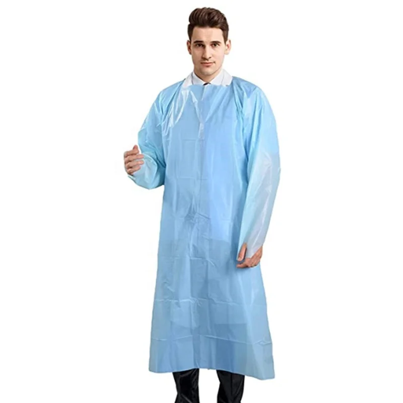 Wholesale disposable waterproof Cpe isolation robe with thumb sleeve blood splatter long apron sleeved clothes with thumb mouth