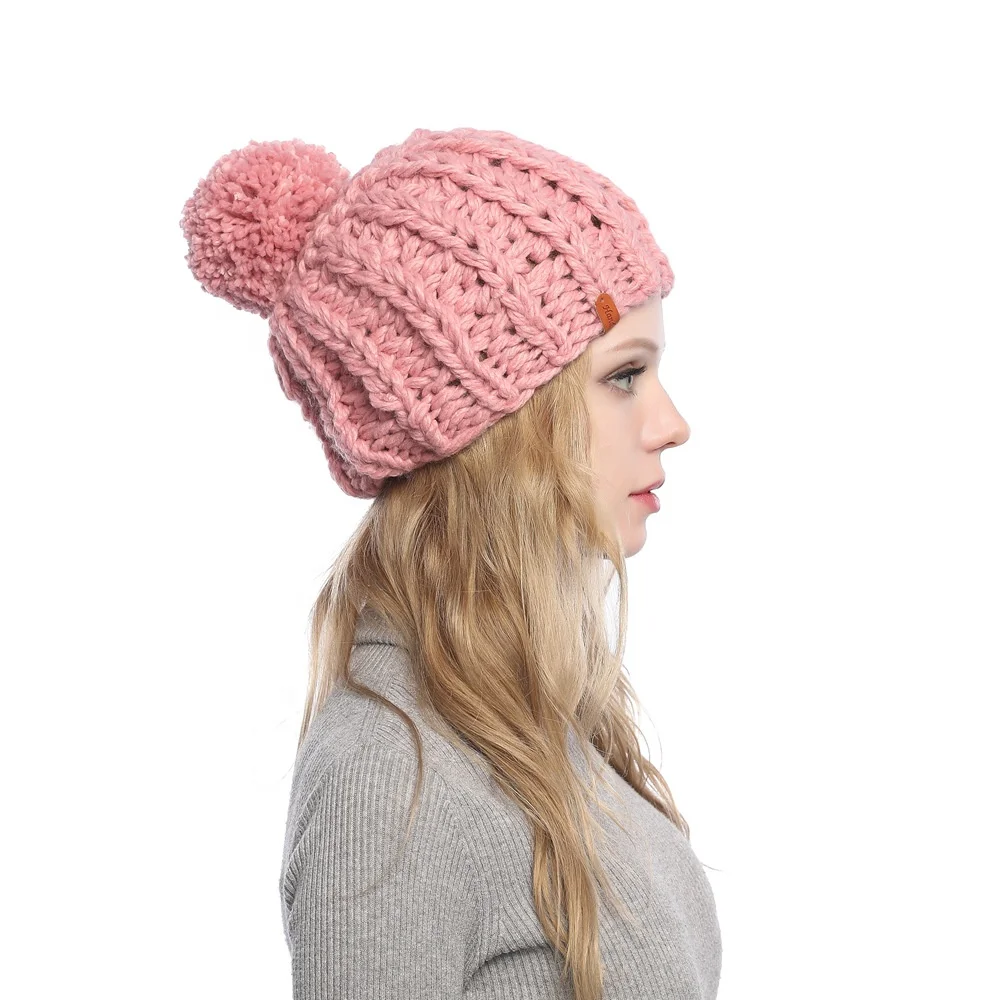 Soft Crochet Warm Winter Slouchy Baggy Cable Chunky Yarn Pompom Skull Bobble Knit Hat Beanie For Women
