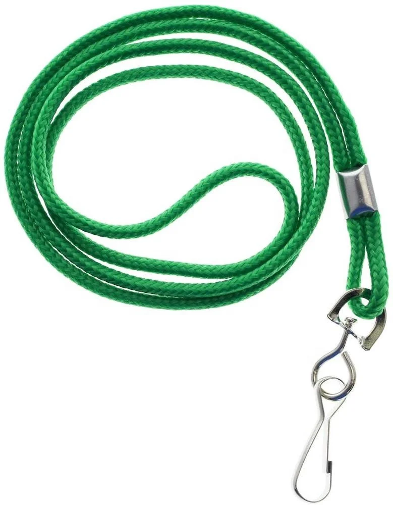 Green braided round ID badge lanyards for card slots and name tags non-breakaway heavy CORD & metal swivel J hooK