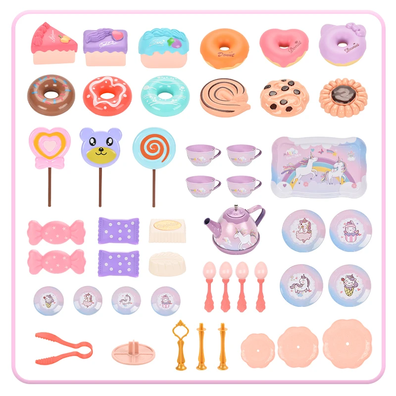 Little Girls Gift Pretend Kids Toy Tin Tea Set With Food and Carrying Case Unicorn 48 Piece Party