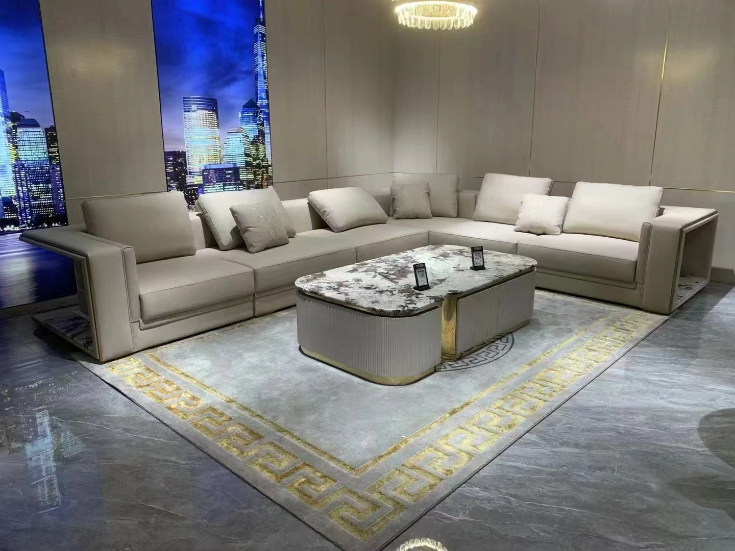 Modern European Design Luxury Italian Villa Sectional Sofa Set Genuine Leather Chesterfield Style Bed Home Living Living Room