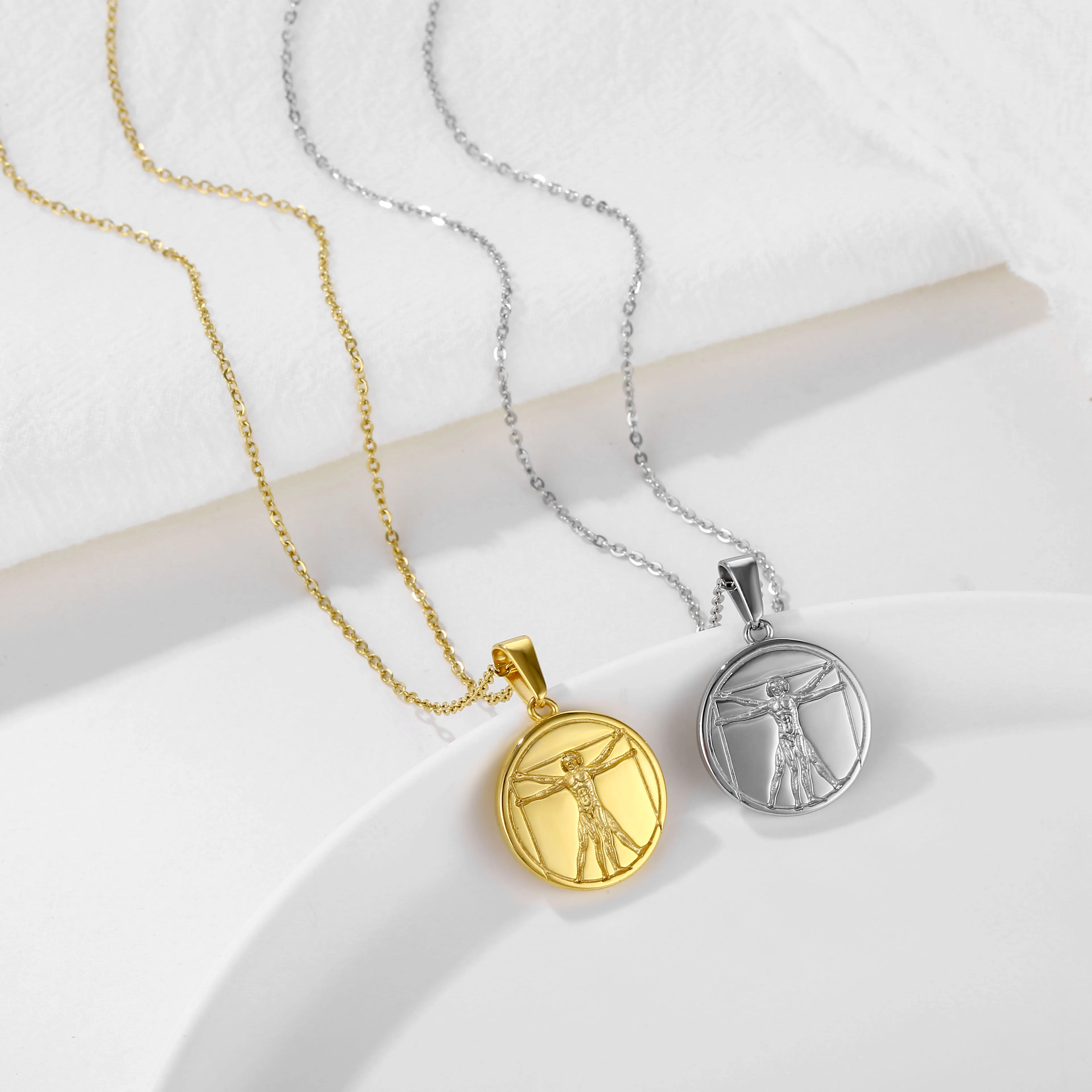 Fashion Jewelry Stainless Steel Silver Vitruvian Pendant Ancient Greek Mythology Roman Coin Da Vinci Vitruvian Charms Necklace