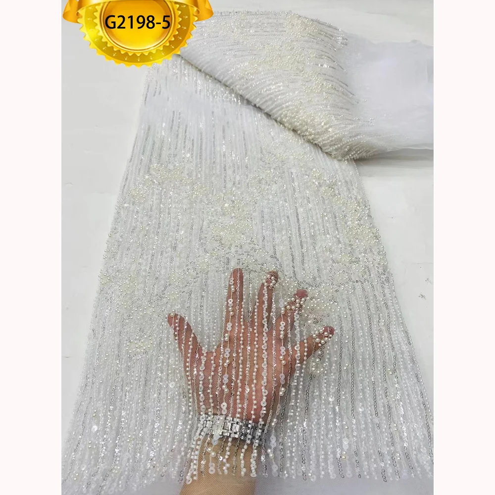 G2198 Luxury Beads White Color French Lace Fabric With Pearl And Embroidery Sequins For Bridal Wedding Dress Wear