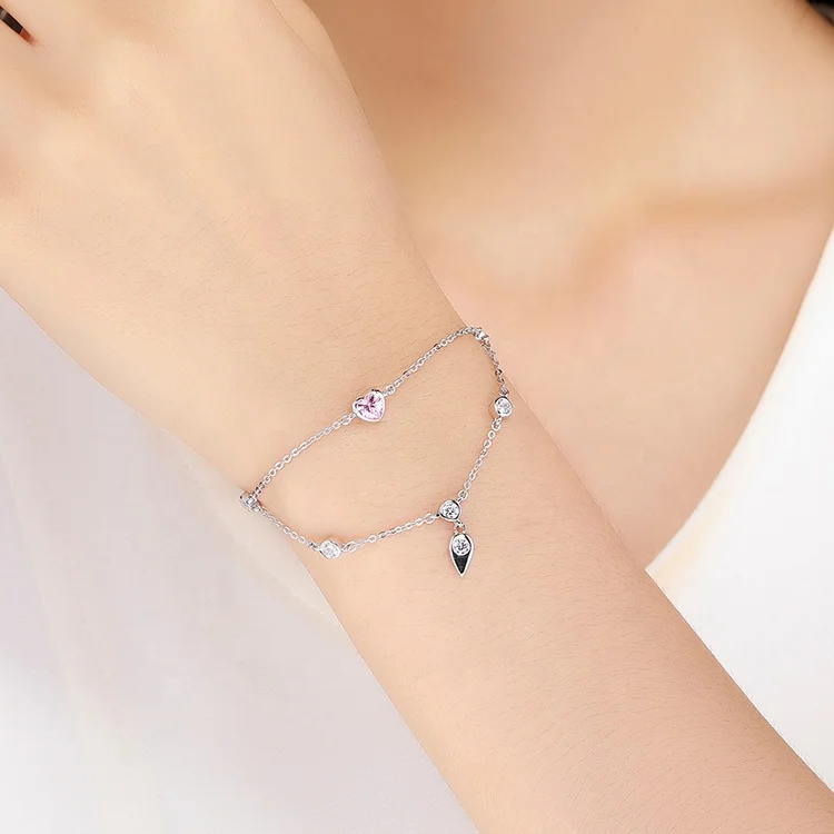 Amazon Pink cubic zirconia Love Heart shape Femme 925 Sterling Silver love bracelet