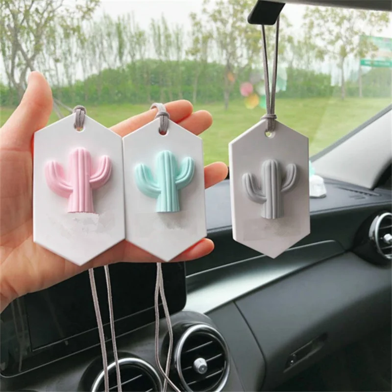 Custom Colorful Cactus Pattern Hexagon Unscented Ceramic Hanging Aroma Clay Stone Oil Diffuser