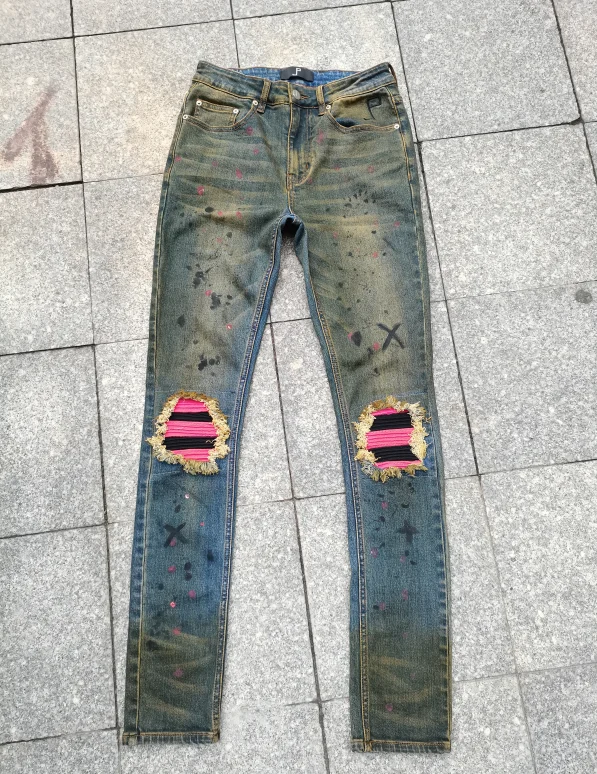 High quality faded indigo wash stretchy denim stacked denim jeans for men