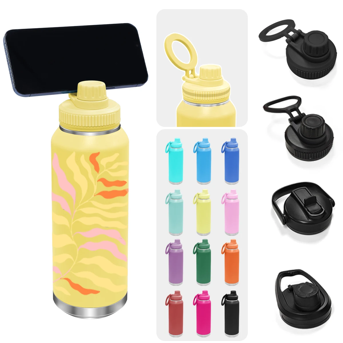Wholesale Best Seller Explosive Models leakproof motivational thermal wide mouth water bottle with magnetic phone holder