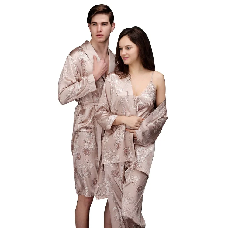Dragon Print Mens Sleepwear Silk Satin Kimono Night Gown Robe Couple Sleepwear Set Couple Pajamas Sets Men Pajamas