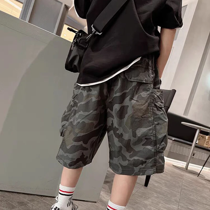 New Cargo Streetwear Shorts Kids Casual Style Multi Pockets Outdoor Shorts Camouflage Drawstring Knitted Shorts For Boy