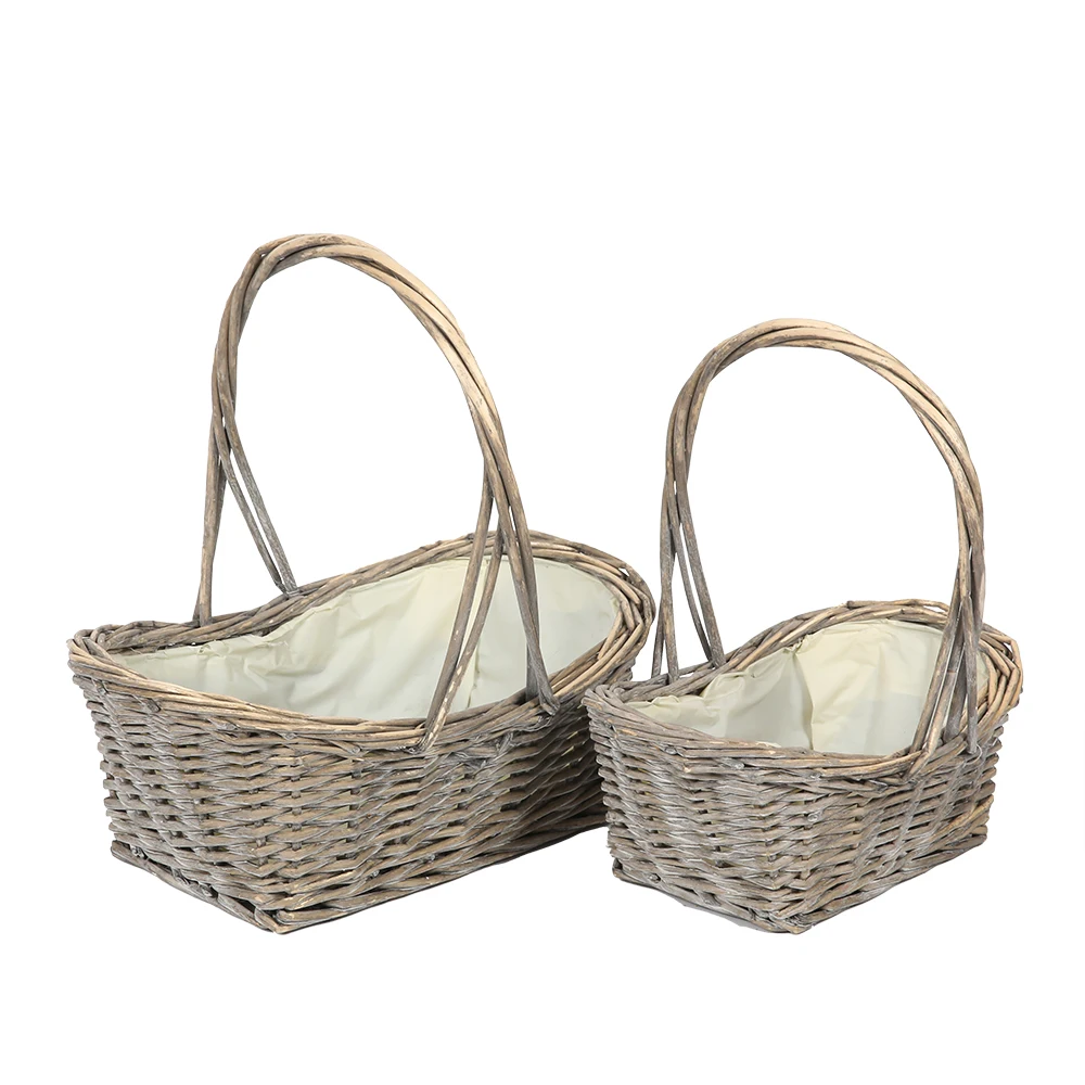 
Natural Double handle rustic wicker hanging basket flower girl basket with liner hard lined wicker baskets for fresh flowers 