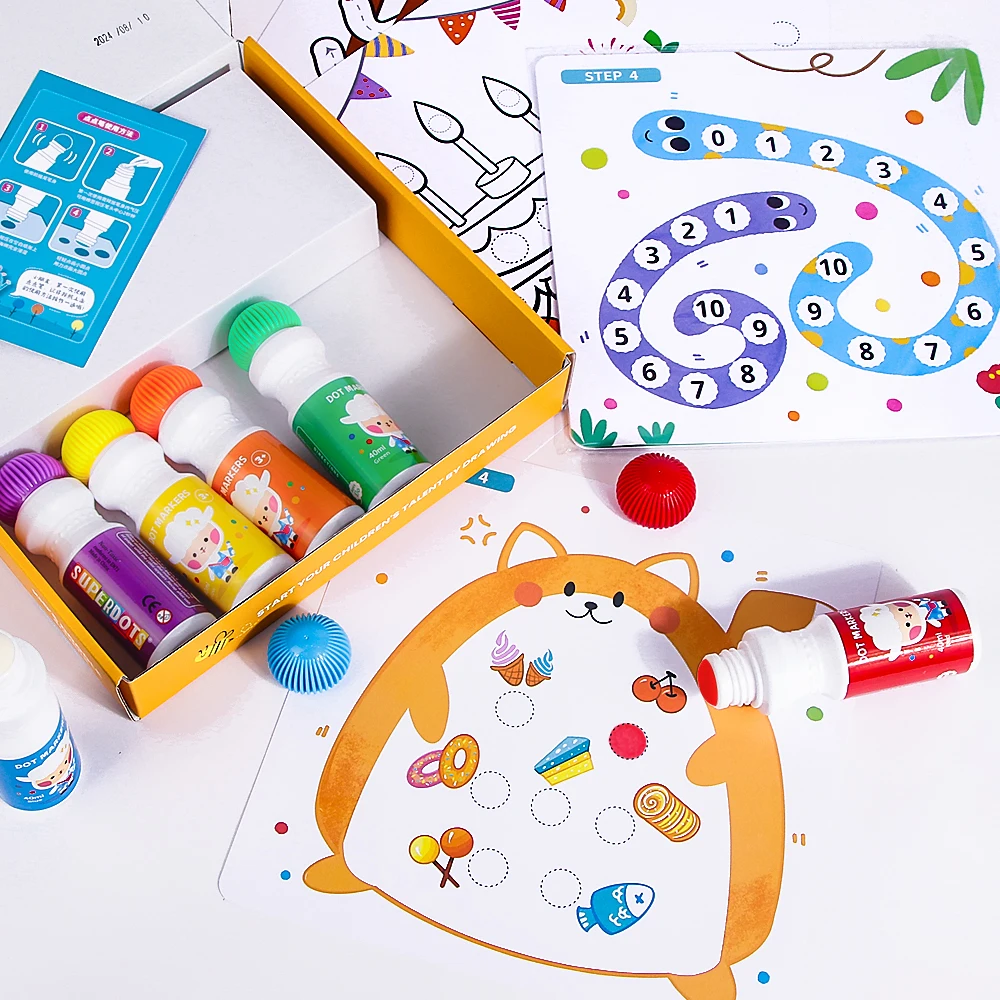 painting toys Washable 6 colors 40 ml dot marker set Coloring paper kids dot marker drawing set with 12 Activity sheets