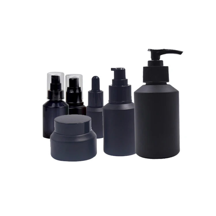 Cosmetic packaging 15ml-100g matte black slant shoulder  glass bottle with  lid/pump/dropper lotion bottle cream jar sets