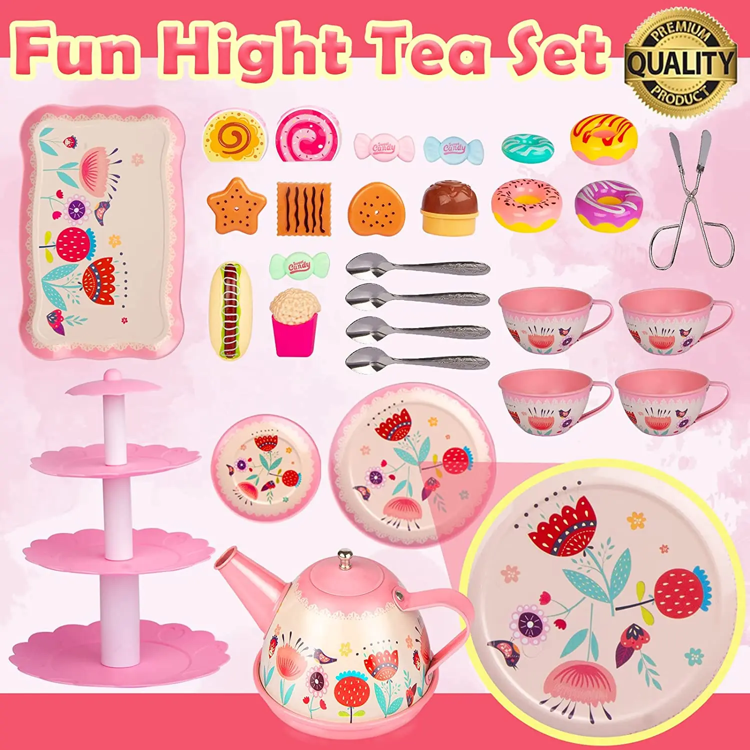 Tea Party Set for Little Girls Princess Tea Time Toy Including Dessert,Cookies,Doughnut Teapot Tray Cake Kids Kitchen Pretend