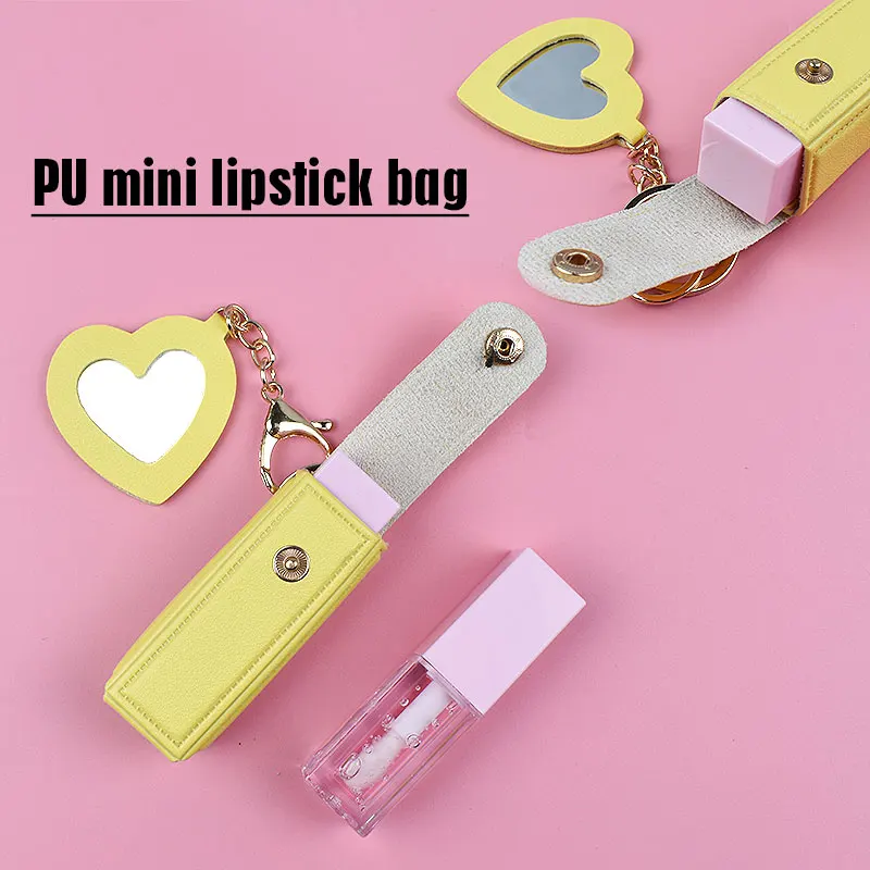 Portable Leather Lipstick Bag Makeup Pouch Lip Balm Bag Keychain Holder Lipsticks