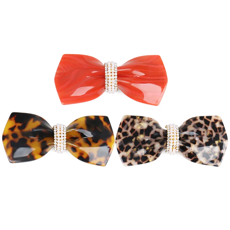 High Quality Leopard Print Acetate Hair Clips with Rhinestone and Pearl Bowknot Shaped Hair Accessories for Women