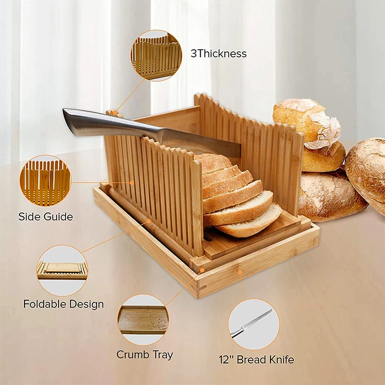 Premium Bamboo Bread Slicer With Stainless-Steel Knife Wood Cutting Guide with Crumb Tray For Homemade Bread, Cake, Bagels