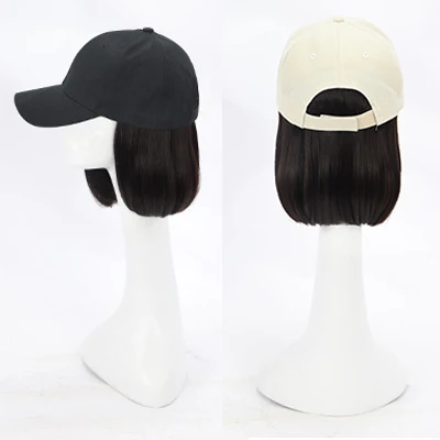 
Hot Sale Customized Women Wig Hat Beautiful Short Straight Synthetic Mixed Human Hair Baseball Cap 