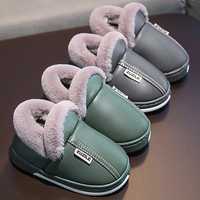 Winter Children Warm Shoes For Boy Girl Cotton Slippers PU Leather  Kid Non-slip Waterproof Shoes Fashion Home Warm Casual Shoes