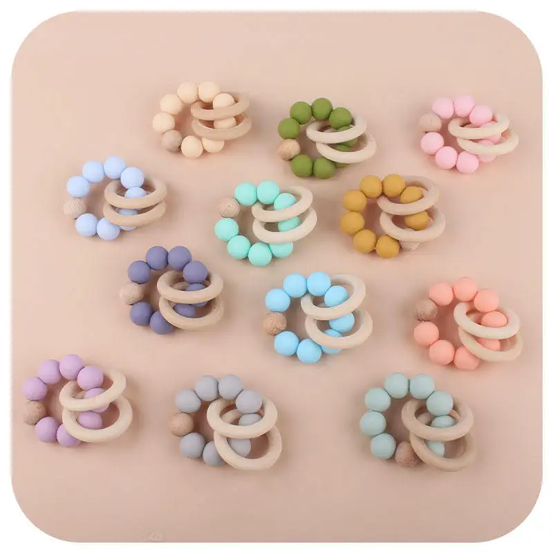 Infant teether bracelet safe organic bracelet wristband teething toys baby kids silicone wooden ring teether toys