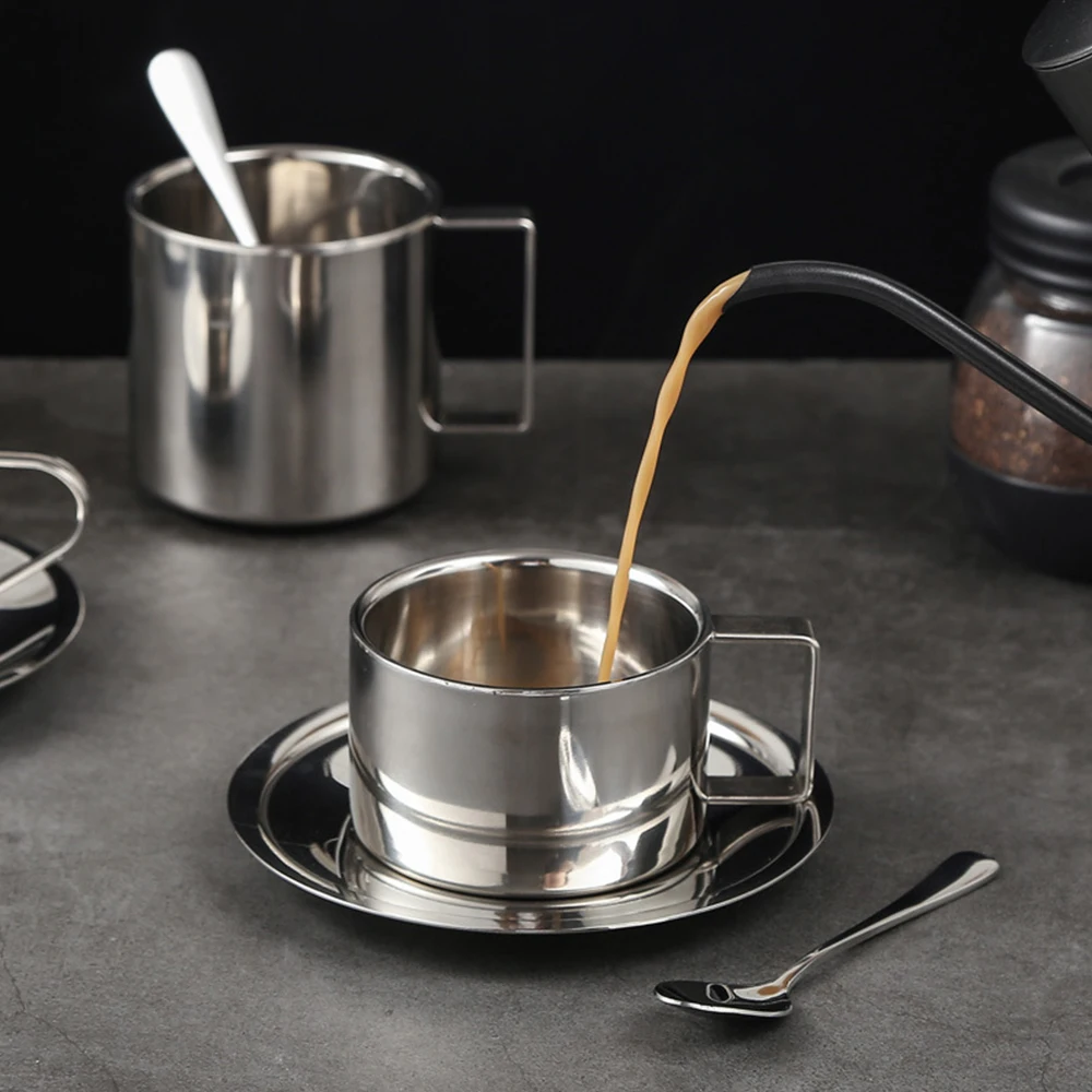 IKITCHEN 2022 New Product Coffee Cup Set Stainless Steel Tea & Cups Saucers Coffee Cup With Saucer Set