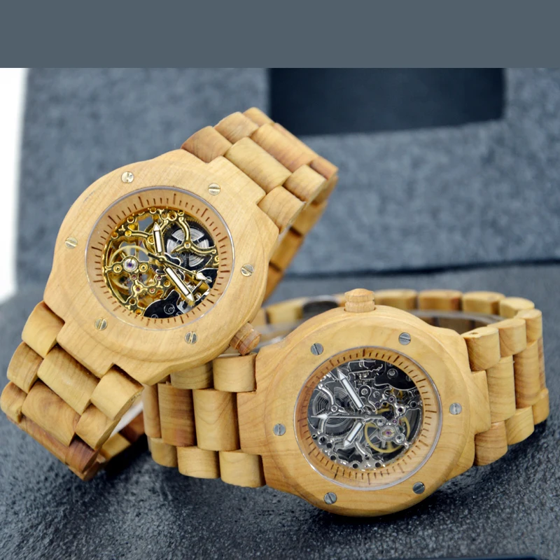 Chinese custom logo skeleton mechanical automatic wood watch with a wood box for watch