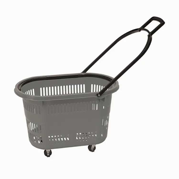 Hot Products Cheap Supermarket Pull Handle Plastic Shopping Basket With Wheels