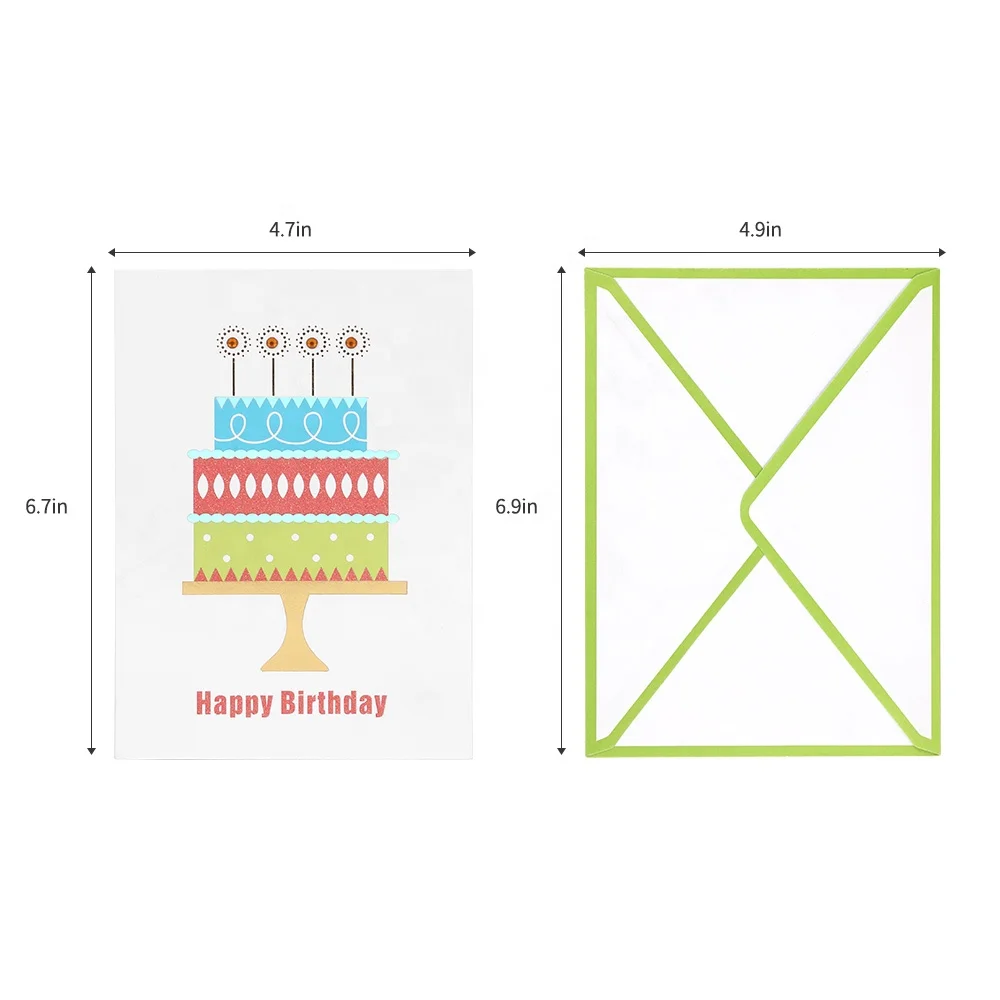 
Best Seller Luxury Gold and Holographic Foil Cake Happy Birthday Greeting Cards with Glitter 